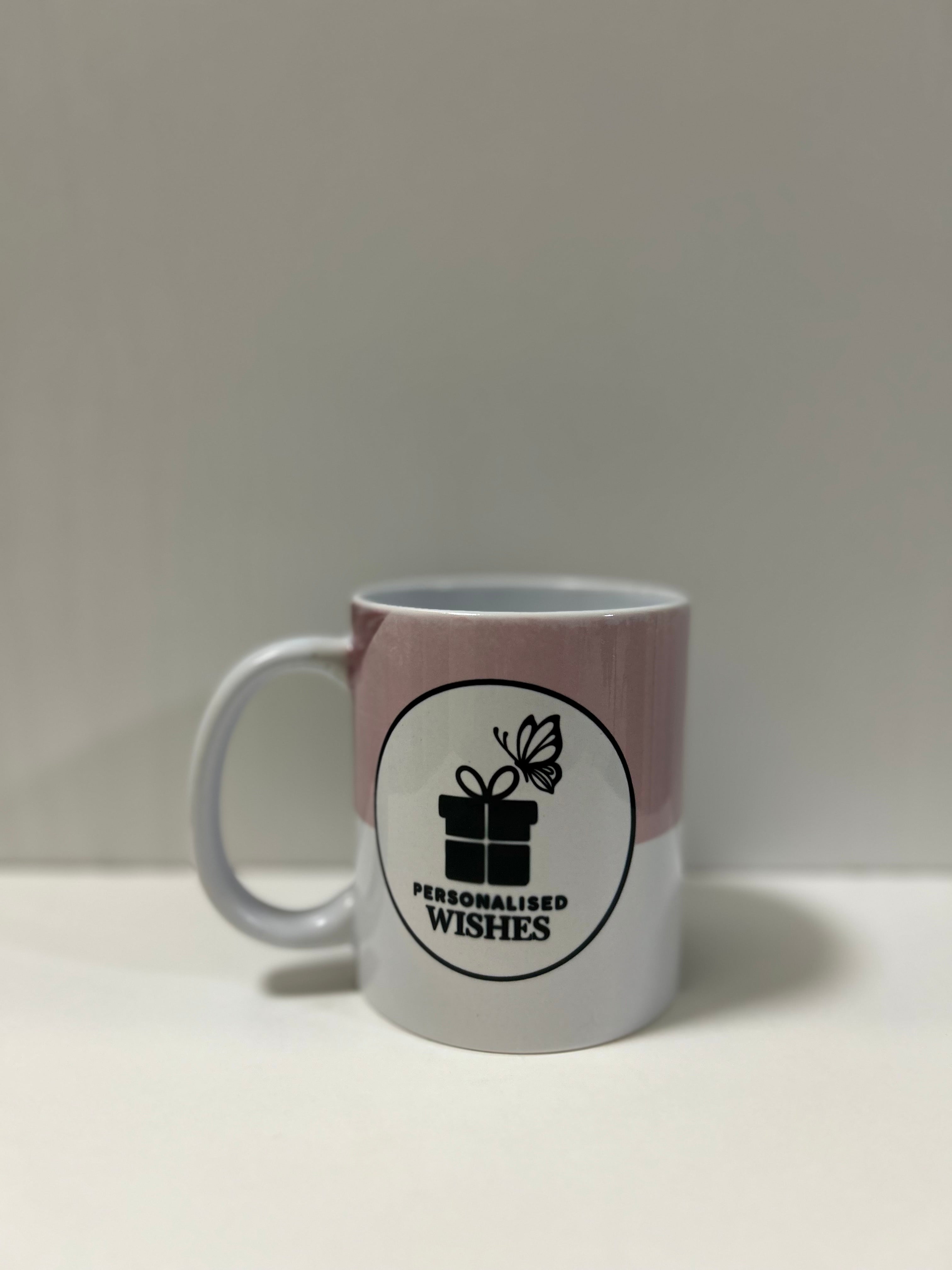 Personalised ceramic mug with custom customer design printed on the front.