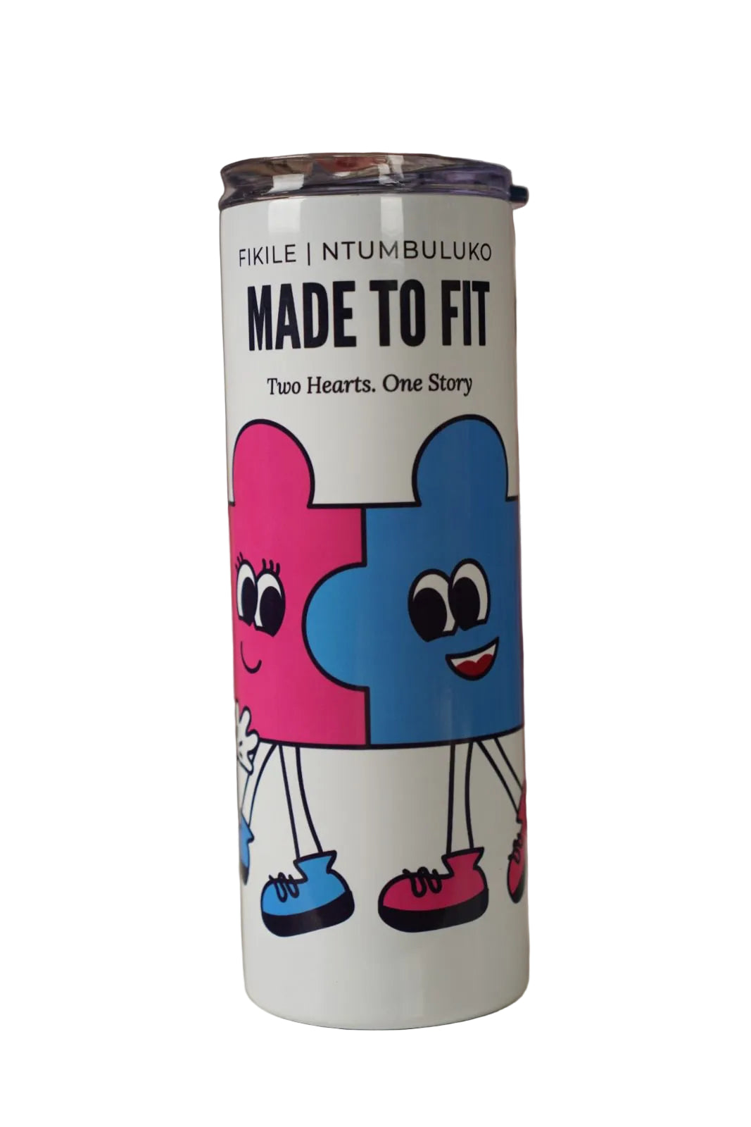Personalised Name Tumbler with puzzles cartoon characters and text on a white background