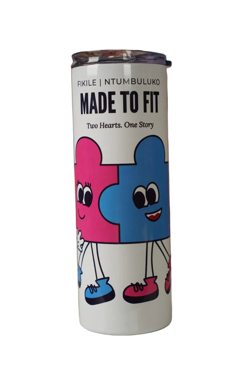Personalised Name Tumbler with puzzles cartoon characters and text on a white background