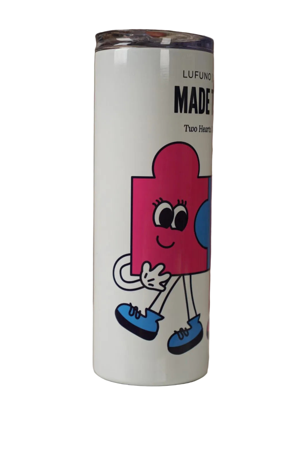 Personalised Name Tumbler with a cartoon puzzle character design on a white background Side
