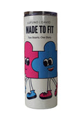 Tumbler with cartoon blue and pink puzzles design connected and personalised names on white background