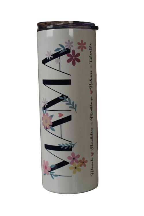 Personalised Name Tumbler with floral designs and 'MAMA' text on a white background front