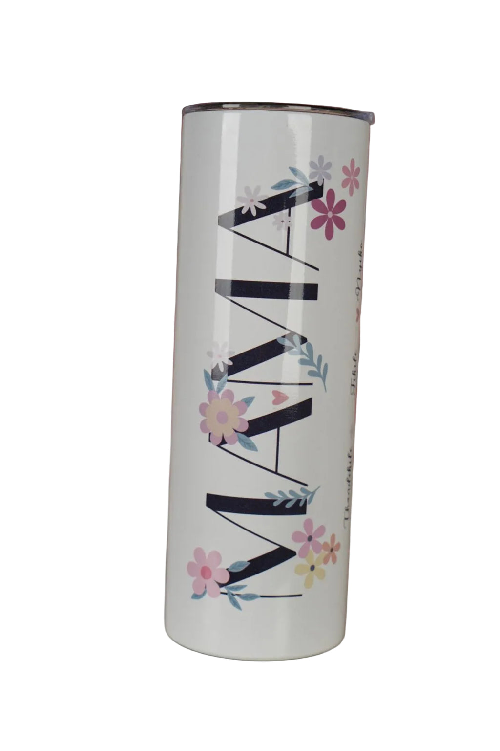 White cylindrical container with floral designs and 'MAMA' branding personalised name tumblers