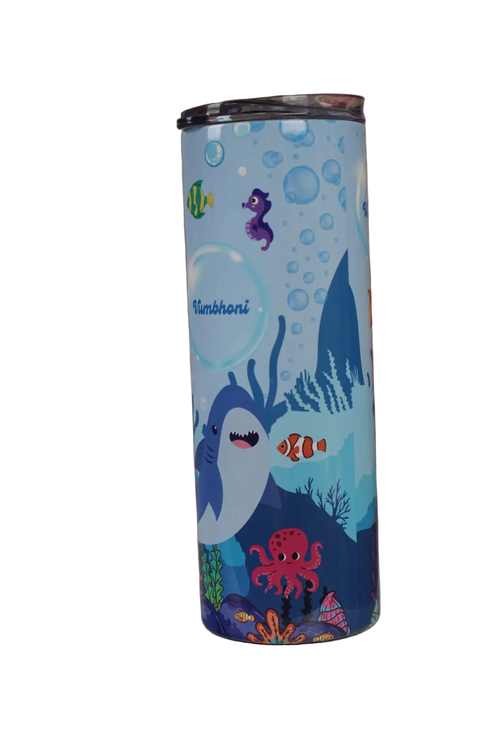 Personalised ocean animals skinny tumbler featuring shark, fish, octopus and custom name design. Front