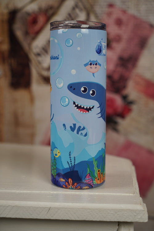 Personalised ocean animals skinny tumbler featuring shark, fish, octopus and custom name design. Main