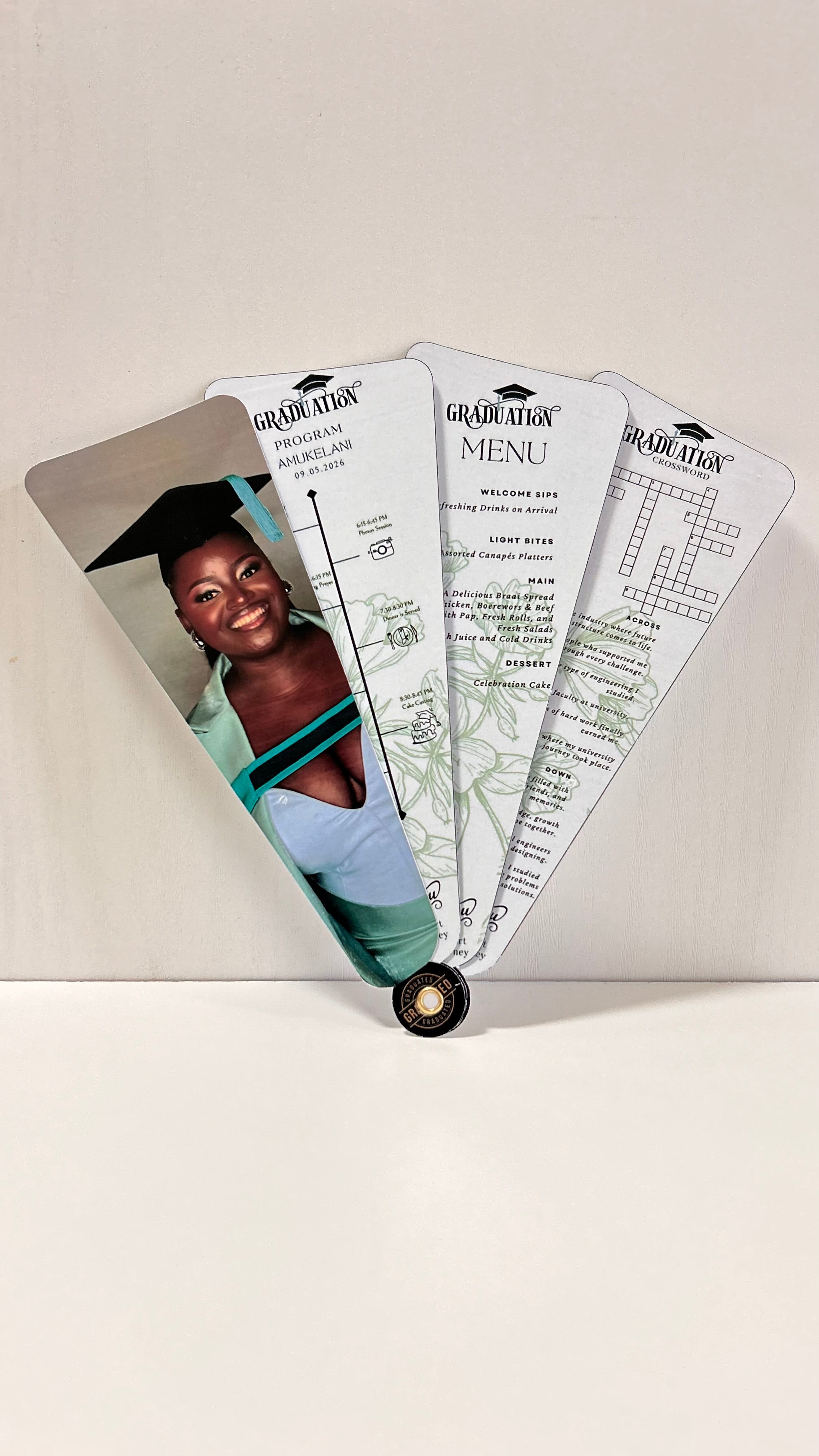Graduation petal hand fan with programme