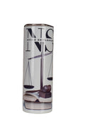 A skinny cylindrical tumbler with a white background and a graphic print featuring the text 'NYIKO SHITLHAVENI' and 'NS' alongside a scale of justice, gavel and books.