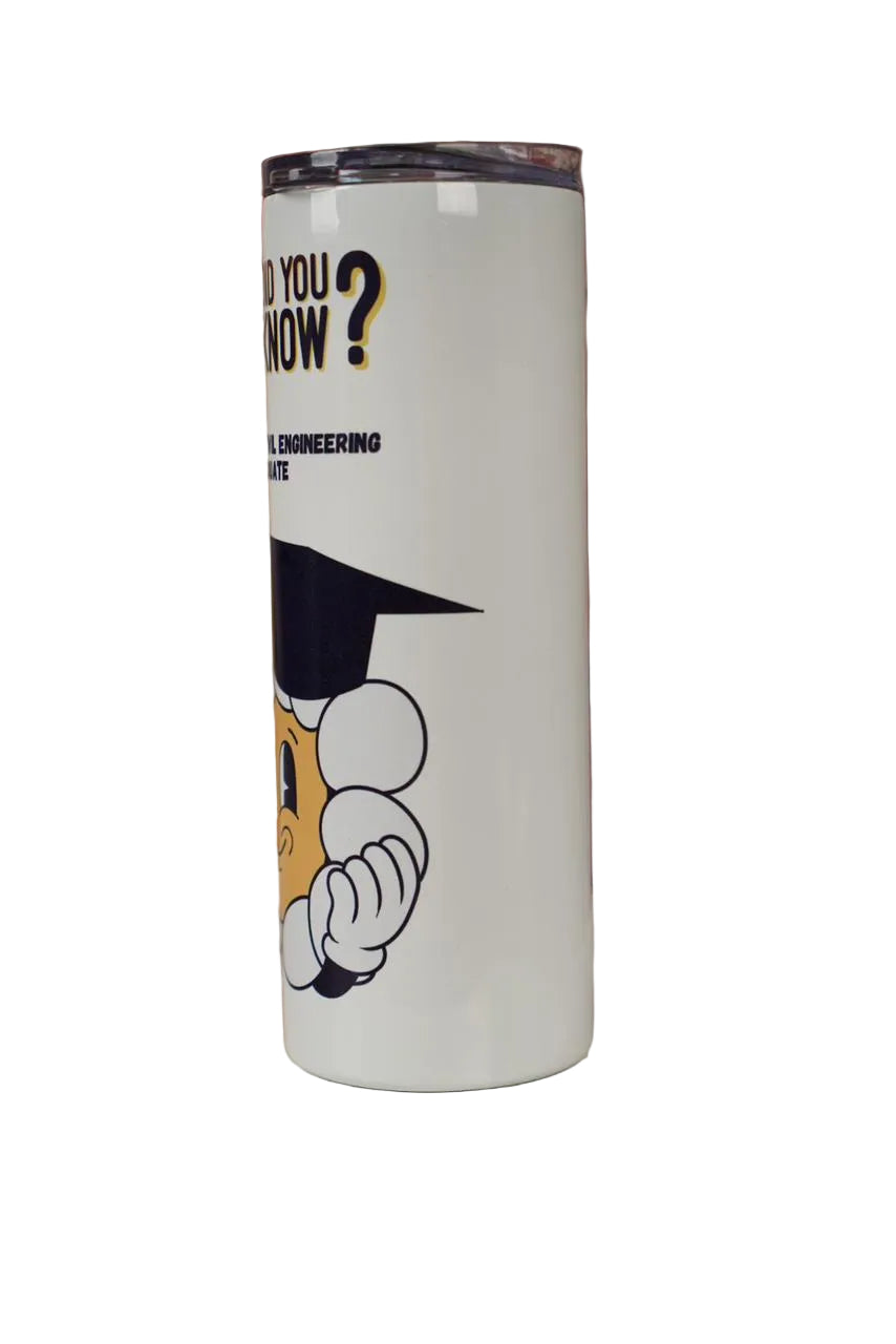 White tumbler with cartoon character design on a white background