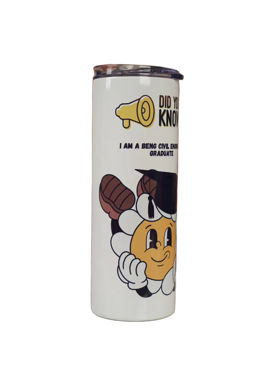 Tumbler with cartoon character wearing graduation hat and text on white background front side profile