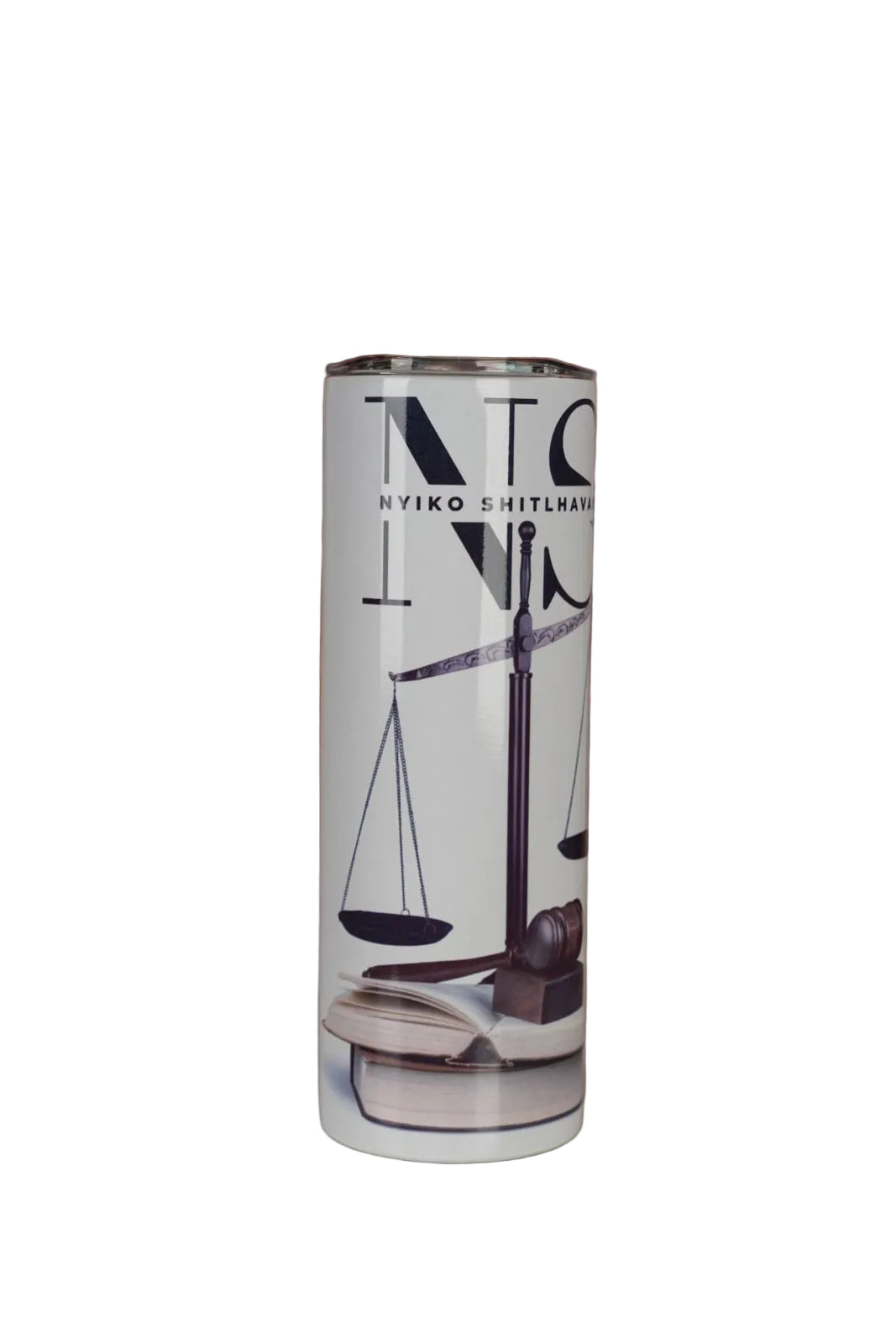 Personalised lawyer themed skinny tumbler on white background