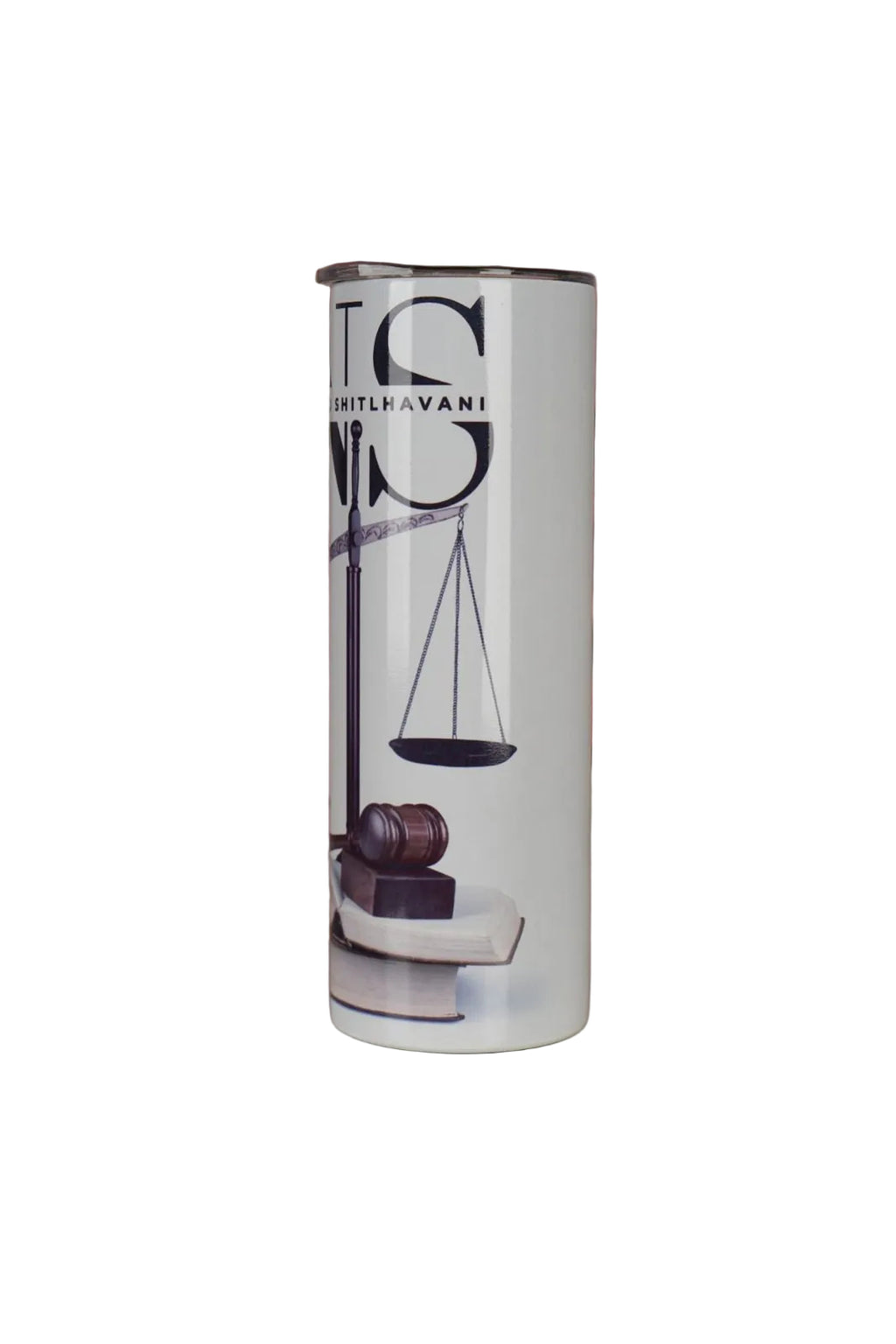 Skinny tumbler product packaging with name branding and lawyer theme on white background