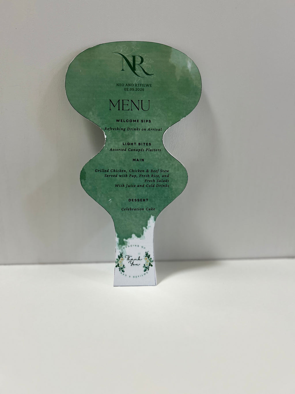Elegant green personalised wedding program fan with custom wedding menu in South Africa Back