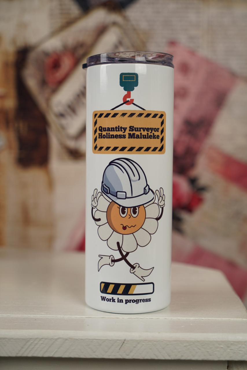 Custom Quantity Surveyor stainless steel tumbler with engineer-themed artwork and personalised name.