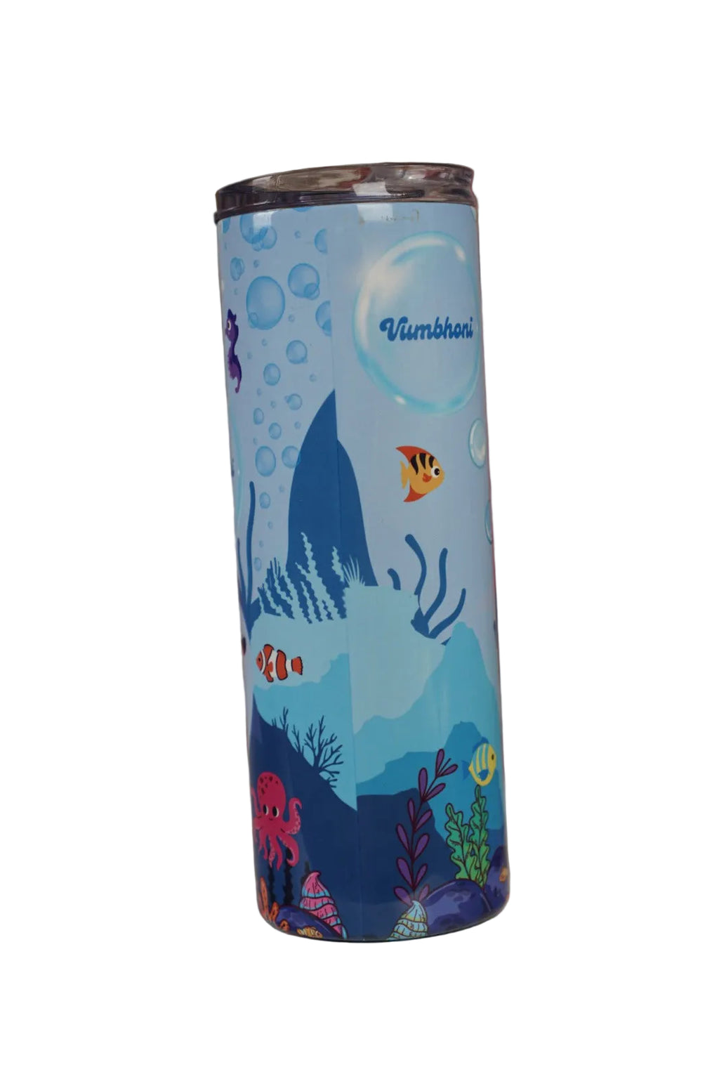 Personalised ocean-themed tumbler displaying custom name surrounded by sea animals and underwater graphics. Back