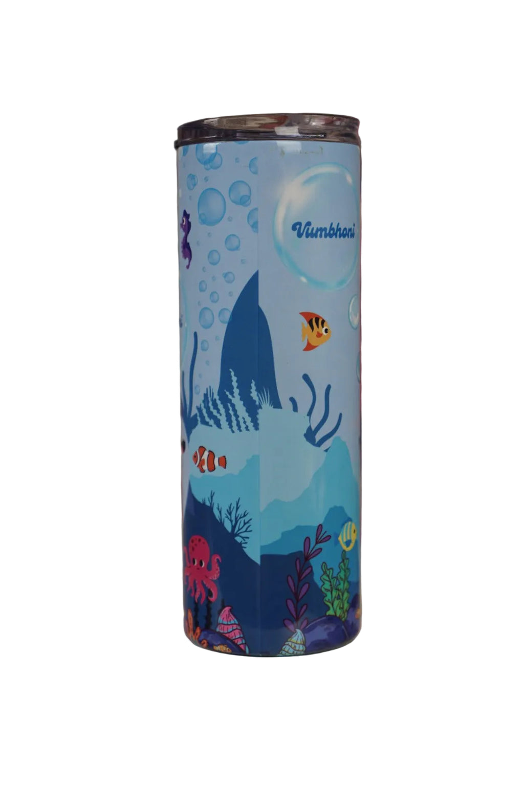 Personalised ocean-themed tumbler displaying custom name surrounded by sea animals and underwater graphics. Back Side